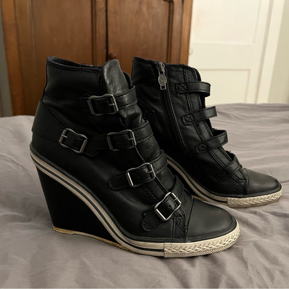 Ash Black Buckle Wedge Sneakers